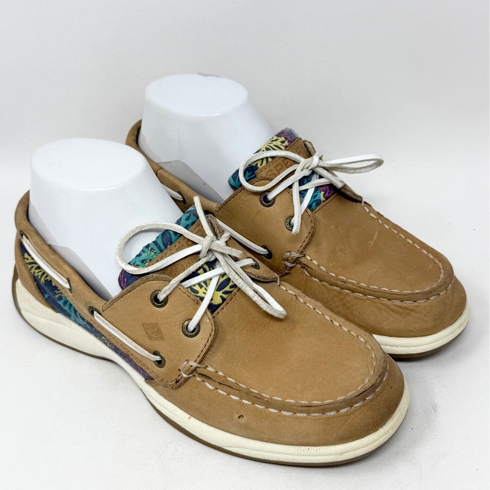 Sperry Topsider Womens 60556 7M Tan Leather Navy Coral Design Boat Deck Preppy